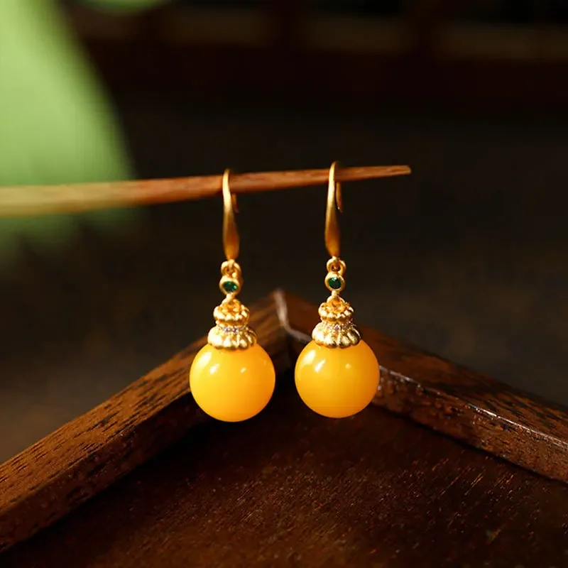 Earrings for Women Vintage Imitation Beeswax Amber Chinese Ear Hook Dangle Earrings Female Light Luxury Exquisite Jewelry Gift