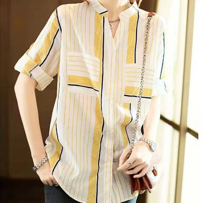 

Office Lady Striped Pockets Spliced Shirt Stylish Bright Line Decoration Summer 3/4 Sleeve Female Loose Elegant V-Neck Blouse