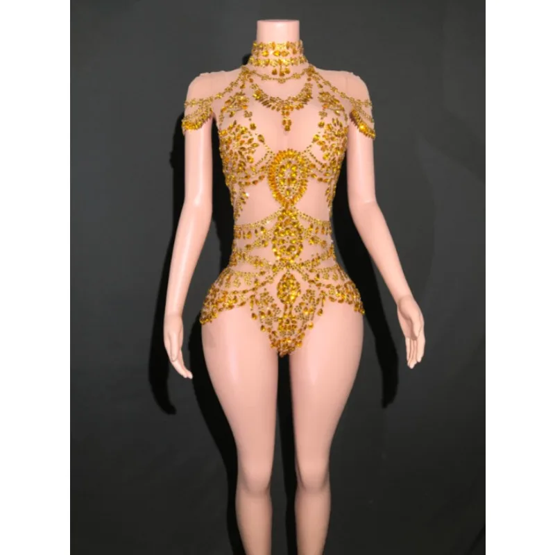 Design Sense Heavy Industry Hot Diamond Mesh Onesie Dance Suit Nightclub Bar Performance Suit Spice Girls Sexy Dresses For Women
