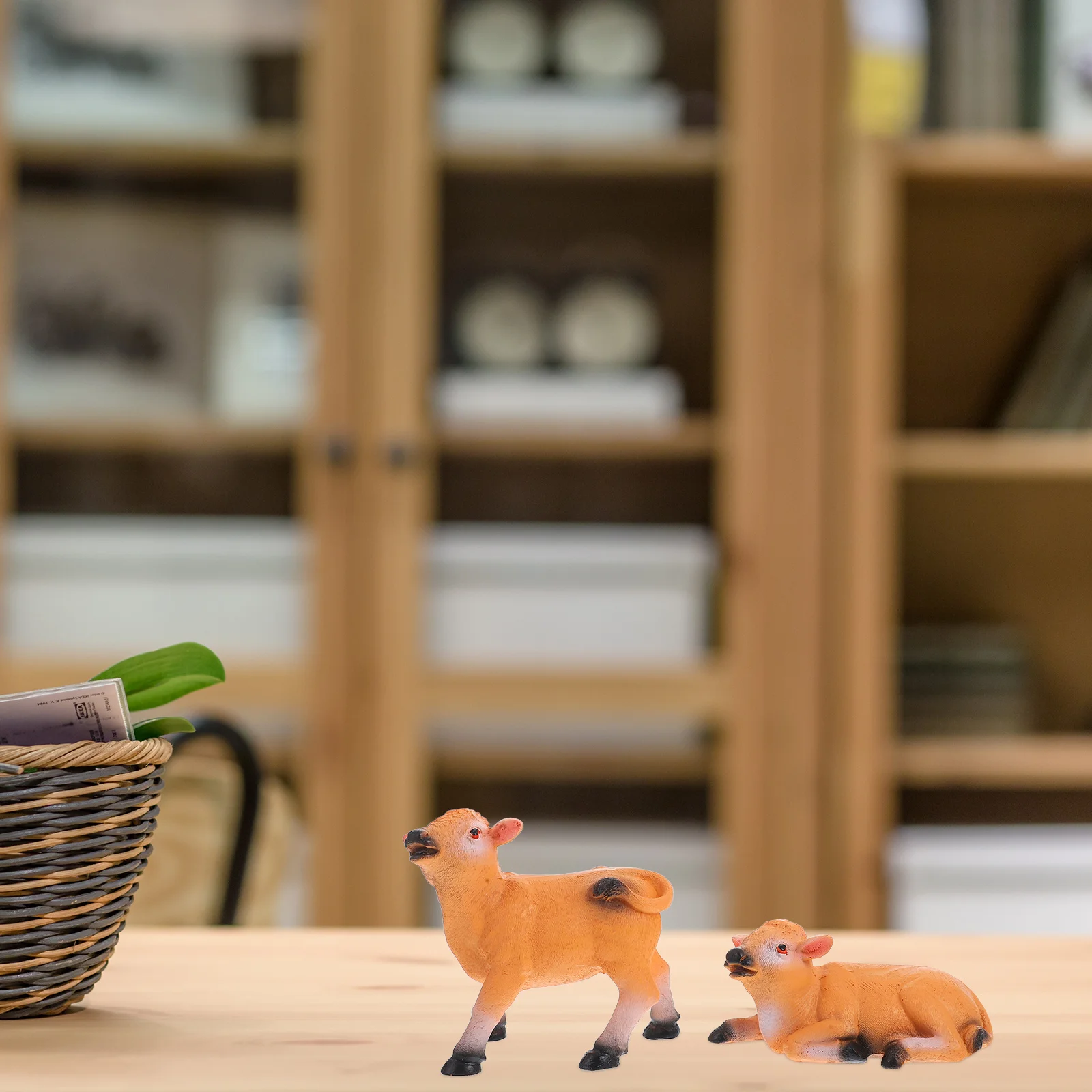 

2Pcs Yellow Cow Animal Sculpture Mini Cow Resin Statues Realistic Detailed Bull Figures for Garden Lawn Desk Decoration