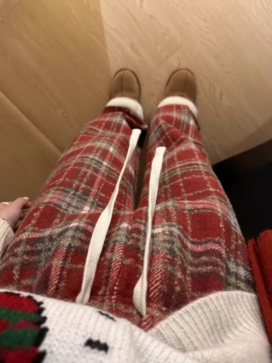 Karierte Damenhose im neuen Stil, Retro-Wolle, weites Bein, lässig, kurz, hängend, gerades Bein, modische Retro-Kleidung