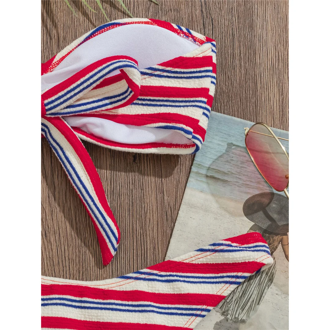 Sexy gestreifter Bandeau-Bikini, Damen-Badeanzug, zweiteiliges Bikini-Set, brasilianischer Badeanzug mit Polsterung, Badebekleidung, Schwimmanzug V7790 – Detail 8