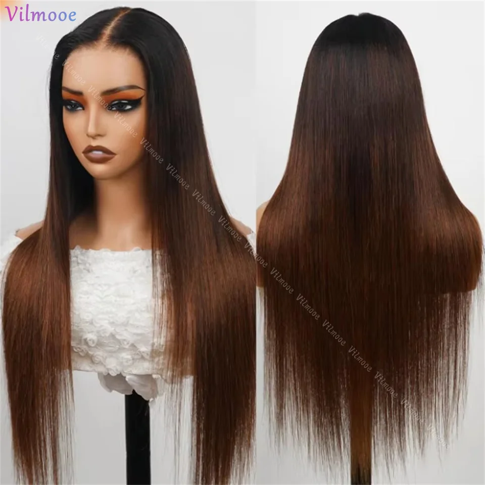 Ombre Brown Color 13x4 Silk Base Lace Front Layered Wig Remy Brazilian Human Hair Pre Cut Straight Natural Black Frontal Wigs