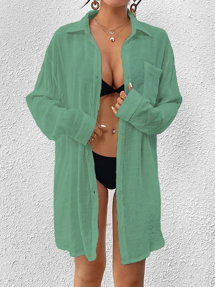 2025 neue Strand-Vertuschungen für Damen, Bikini-Vertuschung, einreihige Tasche, einfache Langarm-Sommermode, Hemdkleid, Strandmode