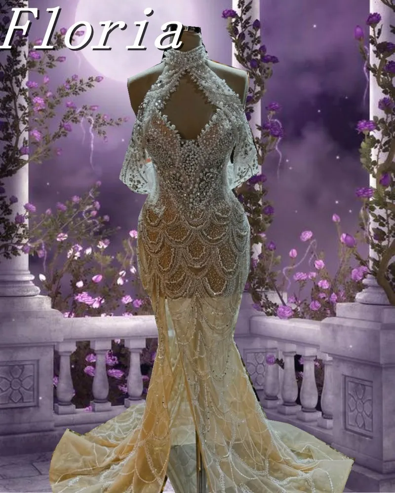 

2025 Classic 2 Pieces Sexy Halter Neck Evening Dress Rhinestones Pearls Floor Length With High Slit Mermaid Wedding Party Dress