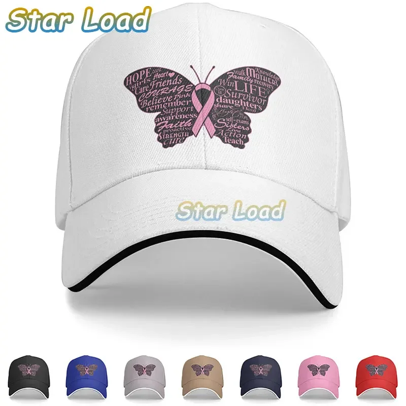 

Men's Pink Ribbon Breast Cancer Butterfly Shape Awareness Washed Twill Sandwich Cap Hat for Women