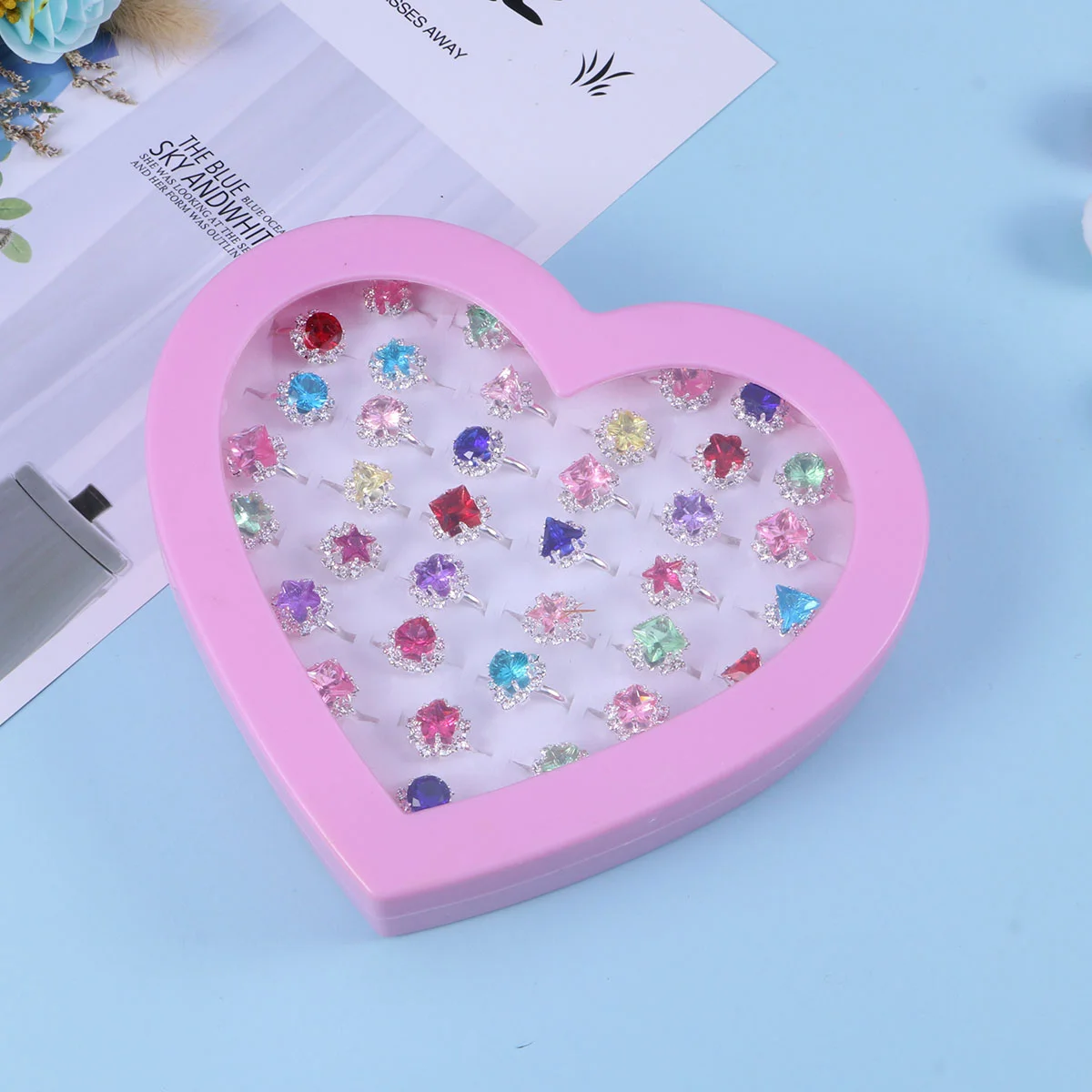 36pcs Child Rings Set Beautiful Crystal Rings Set Dress Up Ring Gift With Heart-Shaped Boxes for Kid Girl Child