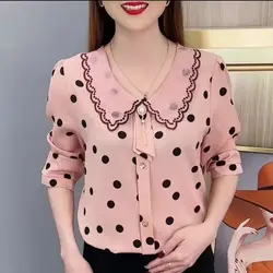 Sweet Peter Pan Collar Beading Embroidery Polka Dot Blouse Women's Clothing Autumn New Oversized Casual Tops Commuter Shirt