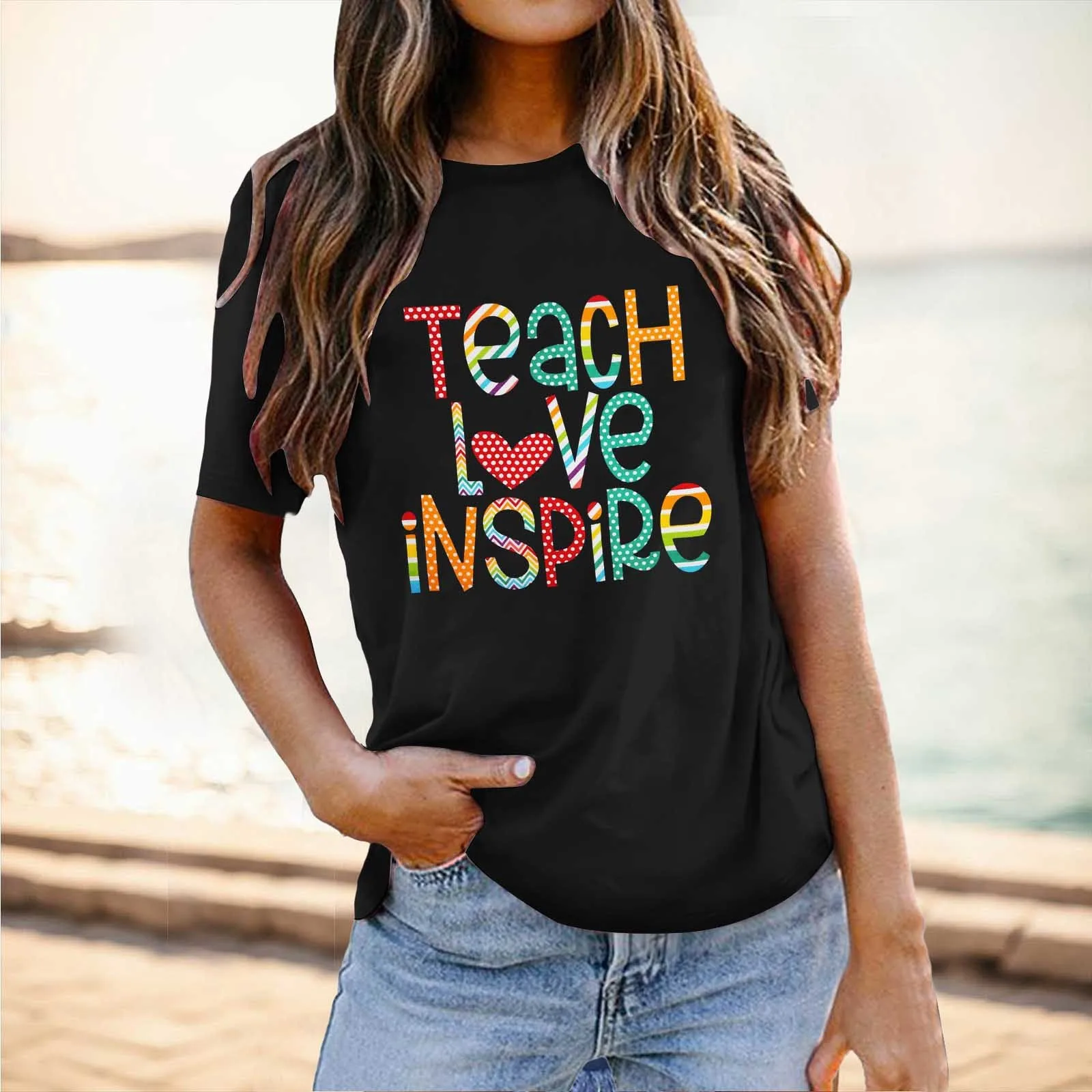 

School Season Teacher's Day Women's Casual Versatile Letter Printed T Shirt Work Out Shirts Women