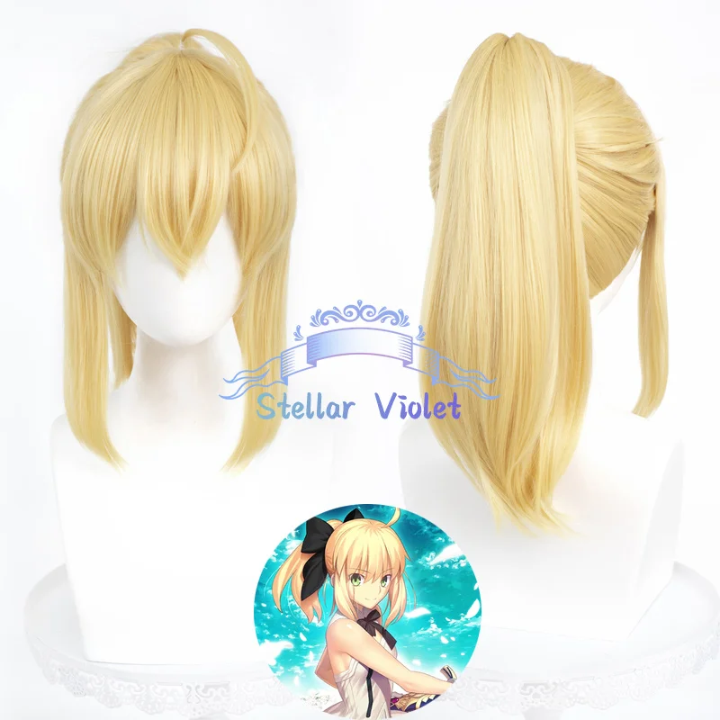 Парик для косплея Artoria Pendragon, термостойкий игровой FGO Fate/Grand Order, синтетические парики для косплея, парик аниме, 50 см, блондинка, хвостик