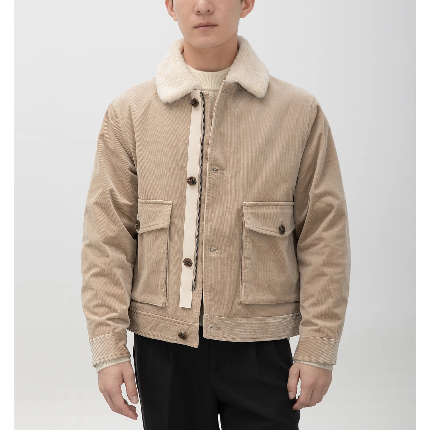 

Winter thickened fine corduroy with lambskin collar men's pilot cotton jacket coat