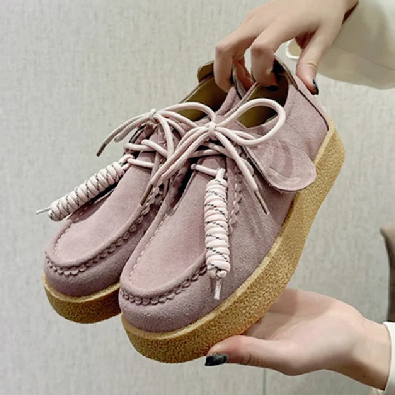 

Comfortable Genuine Leather Loafers for Women 2026 Spring Lace Up Platform Casual Shoes British Style Designer Flat Shoes Ladies