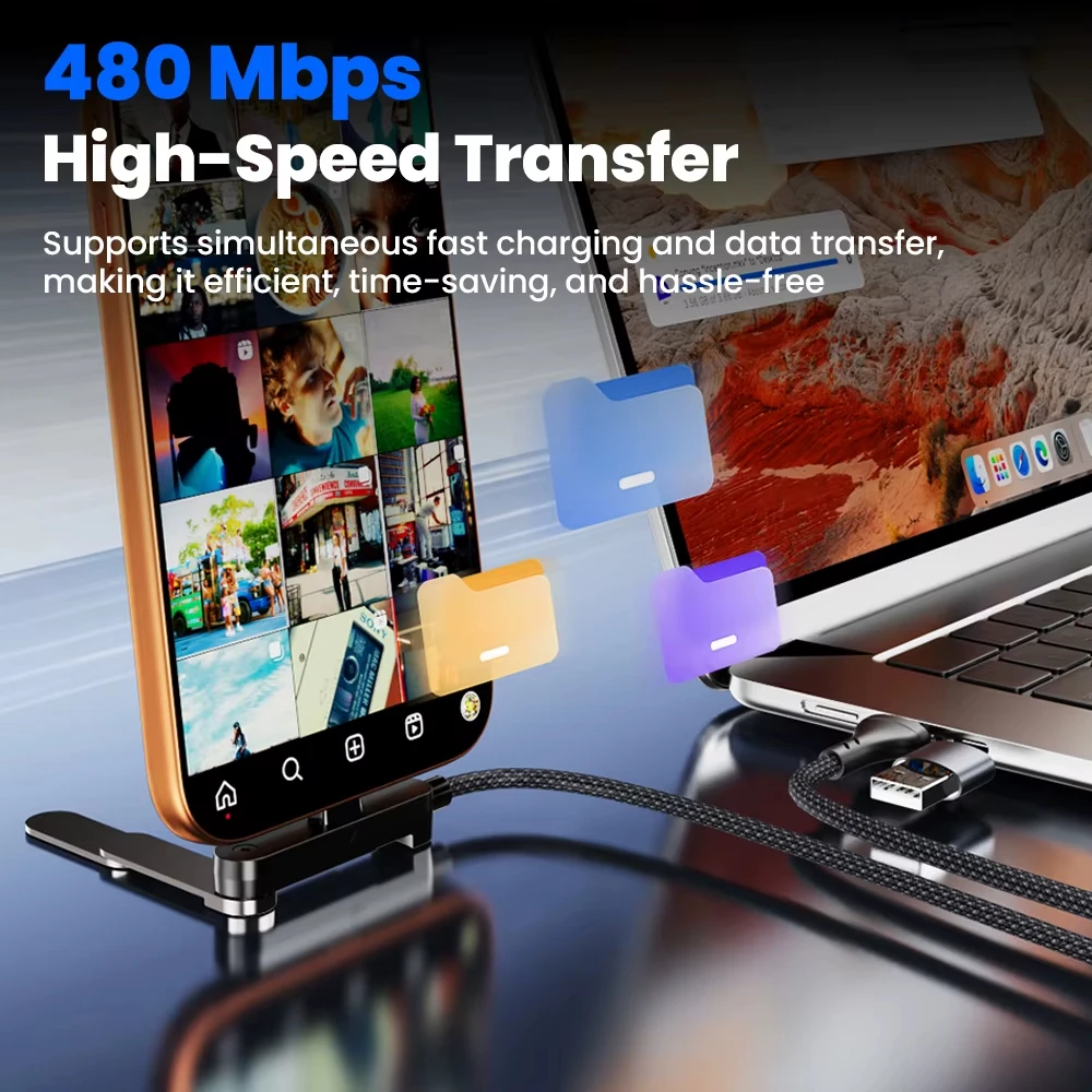 65W 2 in 1 USB A/Type-c to USB C Fast Charging Foldable Bracket Data Cable 3Fold Desk Holder Charge Wire