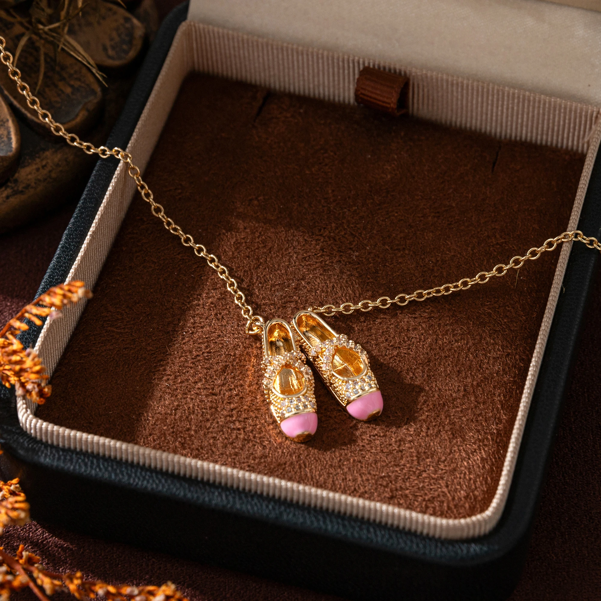 

Pink Ballet Shoes Necklace, Copper with Mini Diamond Accent, Party Jewelry for Women
