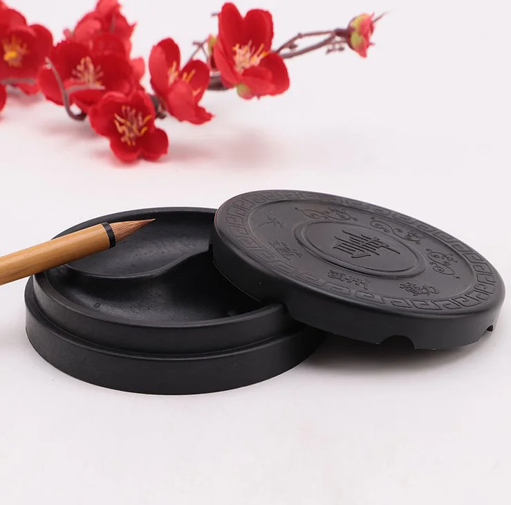Inkstone Set Chinese Paperweight Round Calligraphy Composite Material Students Inkslab with Lid