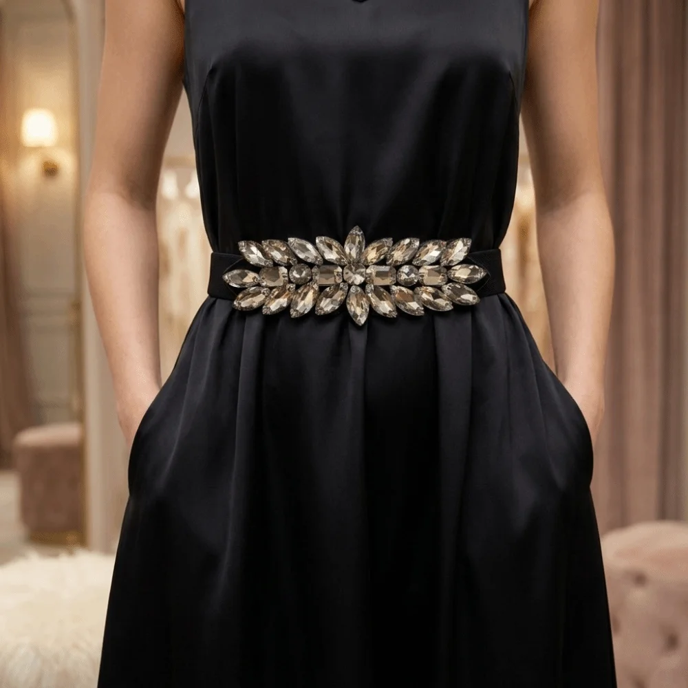 Shiny Crystal Stretch Waist Belt Rhinestone Large-Grain Elastic Waist Belt Sparkly Exaggerated Ornate Style Waist Cincher Daily