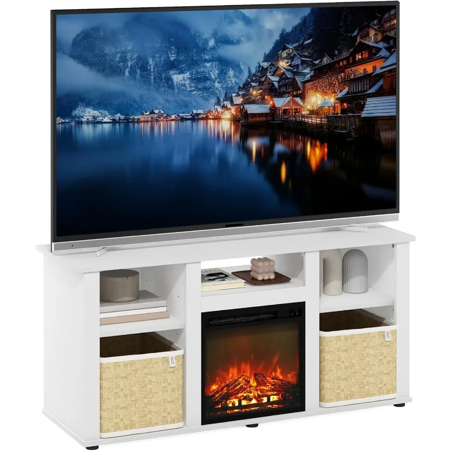 

Подставка для телевизора Furinno Jensen, развлекательный центр со встроенным камином и открытым отделением для хранения, идеально подходит для гостиной