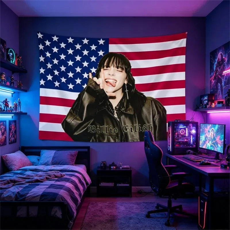 VIKAMA Tapestry Billie Eilish, Bandera Hip Hop para Colgar en la Pared, Decoración Estética para Habitación de Fans, Póster, Merchandising Musical, Regalo para el Hogar y Dormitorio
