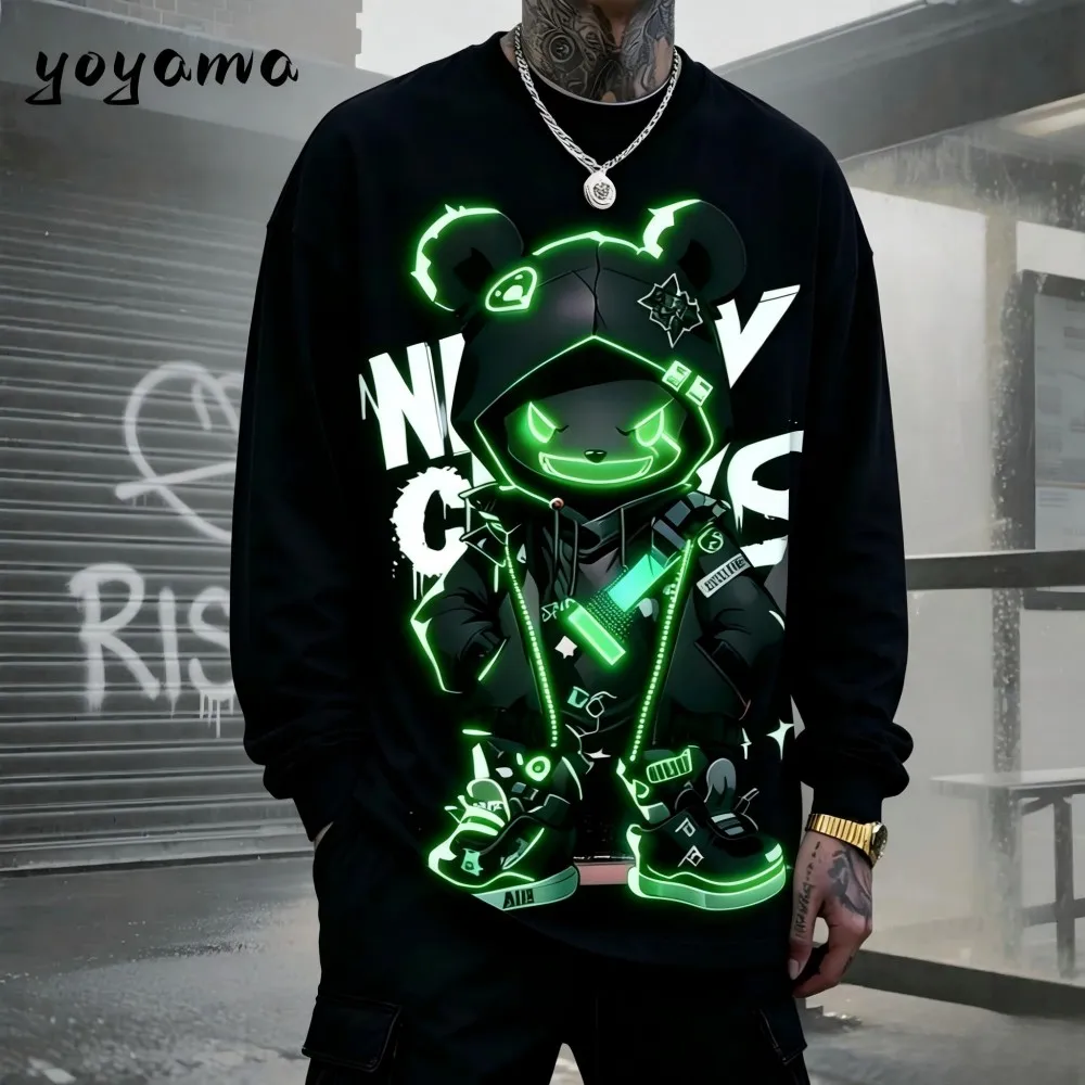 Men's autumn skateboarding teddy bear letter print micro elastic comfortable round neck long sleeved T-shirt outdoor casual top