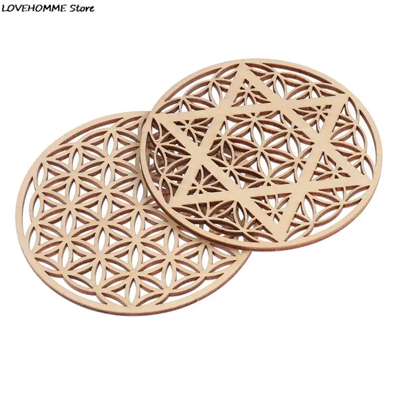 1pc Creative Chakra Chakra Pattern Coaster Wood Flower Of Life Natural Symbol Round Edge Coaster For Stone Crystal Set Diy Decor