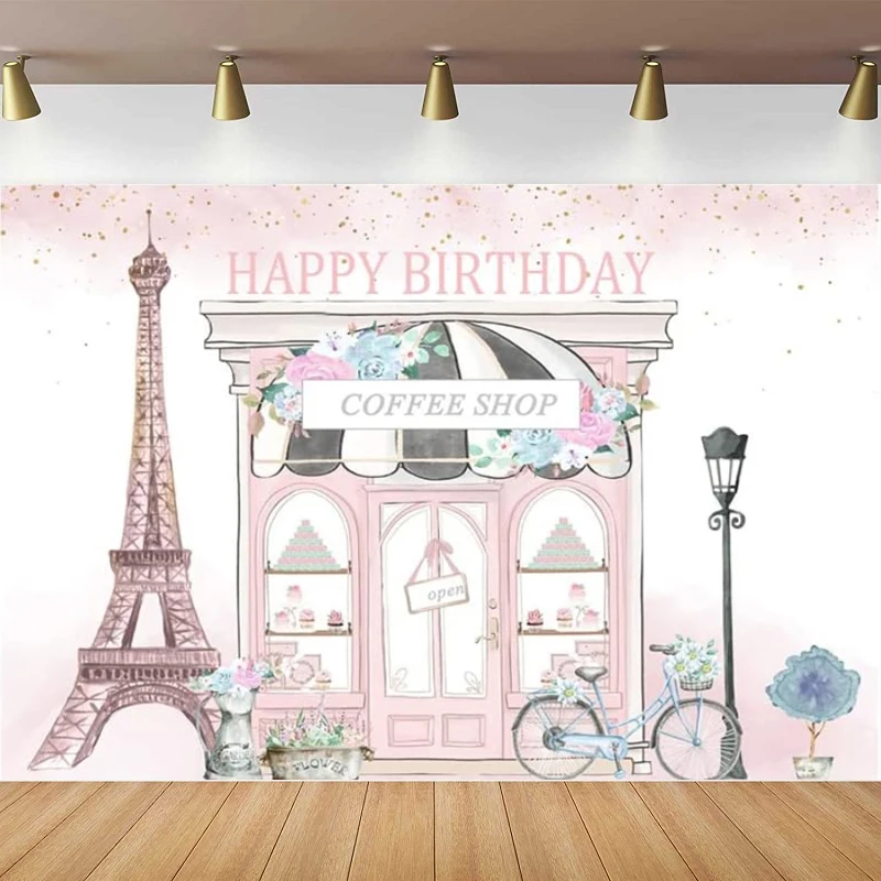 Pink Photography Backdrop For Girls Floral Parisian Cafe Tea Party Background Happy Birthday Party Decor Cake Table Banner