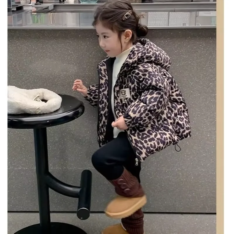 Kids Leopard Print Jacket Winter New Hooded Thick Warm Cotton Coat Boys Girls Down Padded Outerwear 5