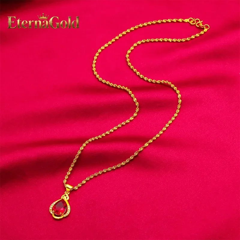 

EternaGold 24K Gold Red Drop Necklace AU999 Pure Gold, warm gold chain paired with natural ruby drop, simple yet elegant for dai