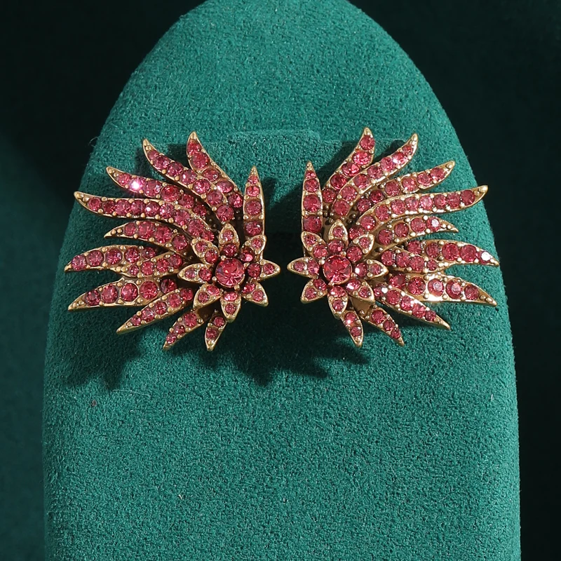 Vintage Pink Rhinestone Flower Clusters Earrings For Woman Antique Art Deco Jewelry Gold Color Luxury Designer High Quality Gift