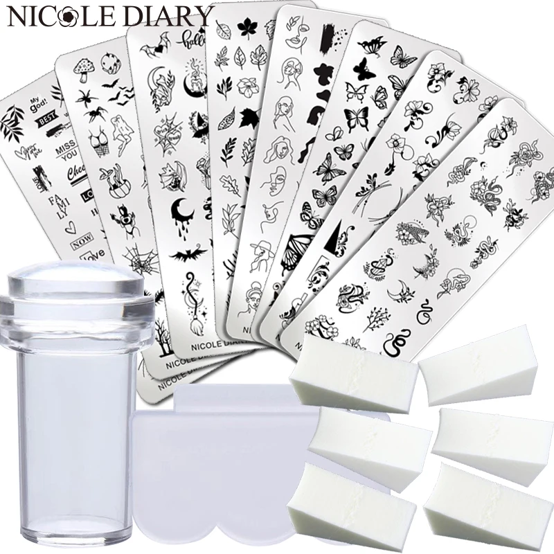 NICOLE DIARY 9pcs/set Nail Art Stamp Plate Leaf Flower Maple Halloween Print Template Jelly Stamper Scraper Blooming Sponge Kit