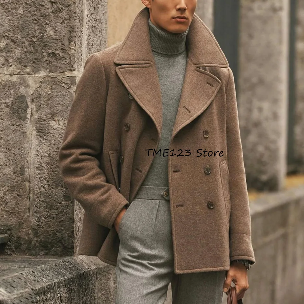 

Модные мужские пиджаки из шерстяной ткани, повседневные городские пиджаки, двубортный воротник с лацканами, осенне-зимнее мужское пальто, стильное
