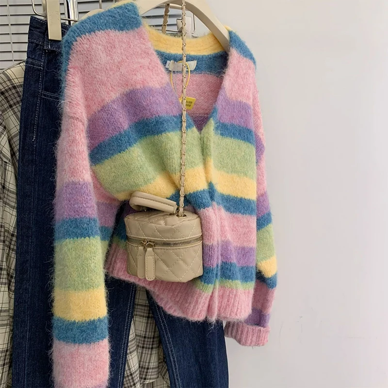 

plus Size 300 Pou Women's Knitwear Long Sve Rainbow Stripes Faionable Cardigan Top for Autumn V-Ne Regular Fit