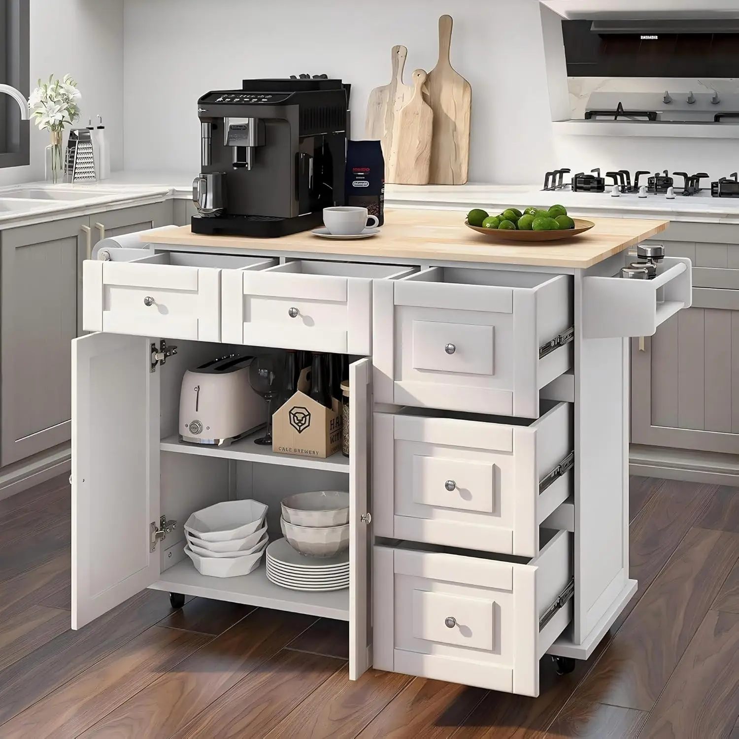 

Тележка Mobil Kitchen Island с откидным листом, кухонная тележка на колесиках, мобильный остров с деревянной столешницей, полка для специй, регулируемая полка