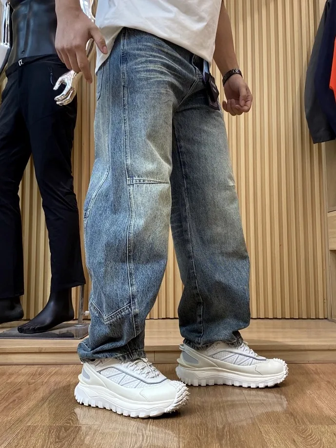جينز رجالي فضفاض مستقيم بتصميم عتيق مغسول ومتهالك للربيع والخريف، مصنوع من مزيج القطن والبوليستر، مريح وقابل للتنفس