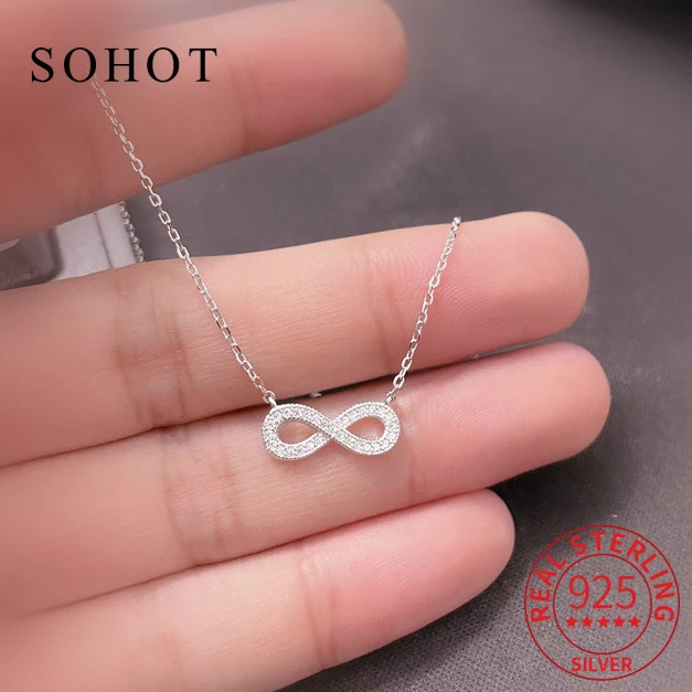 Real 925 Sterling Silver Zircon Figure 8 Pendant Necklaces for Women Minimalist Trendy Fine Jewelry Light Luxury Accessories