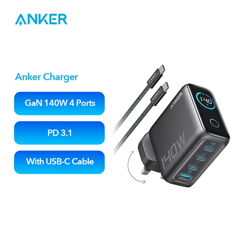 Anker 140W USB-C-Ladegerät, Laptop-Ladegerät, 4-Port, Touch-Steuerung, schnelles Laden, für mehrere Geräte