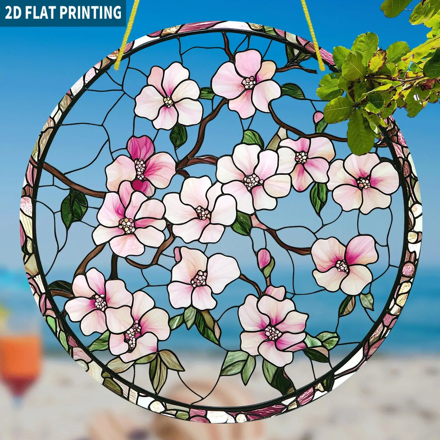 Acrylic Painting Elegant Pink Cherry Blossom Stained Glass Window Hanging Suncatcher, 2D Flat Beautiful Floral Branch with Bloom