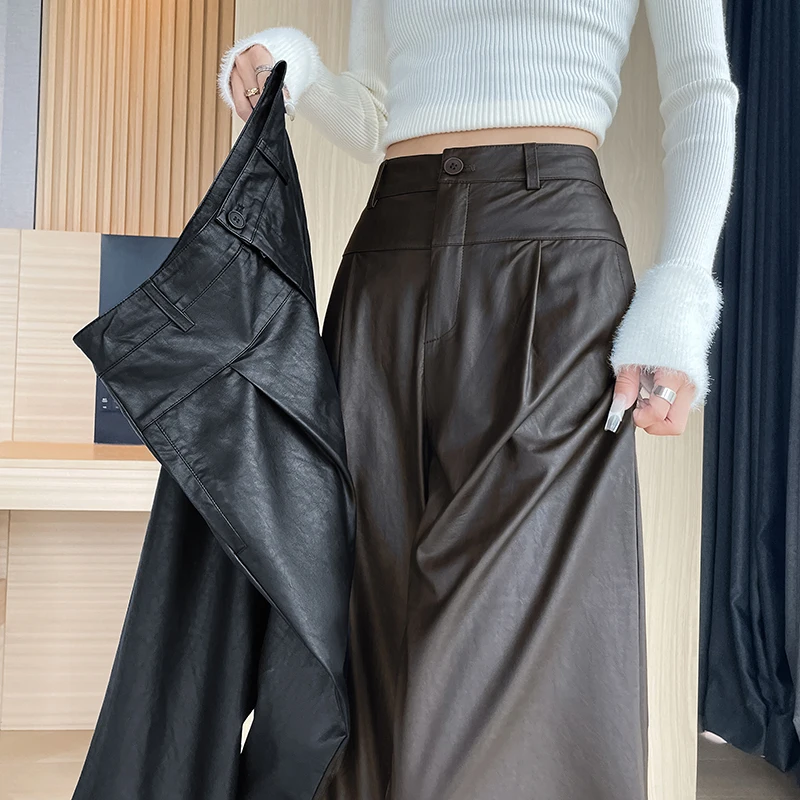 

Винтажные осенне-зимние свободные широкие брюки из искусственной кожи, теплые кожаные брюки, женские повседневные прямые брюки с карманом на пуговицах и высокой талией