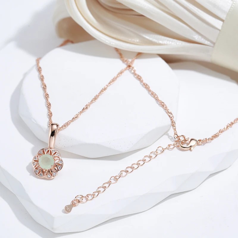 SYOUJYO Lake Green Natural Zircon Pendant Necklace For Women 585 Rose Gold Color Wedding Fine Jewelry Classic Collarbone Chain