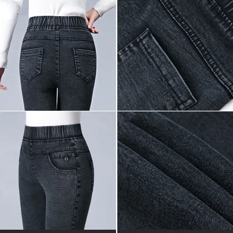 Women High Waist Stretch Leggings Office Lady Skinny Denim Pants Winter Vintage Pencil Trousers Mom Plus Velvet Warm Slim Jeans
