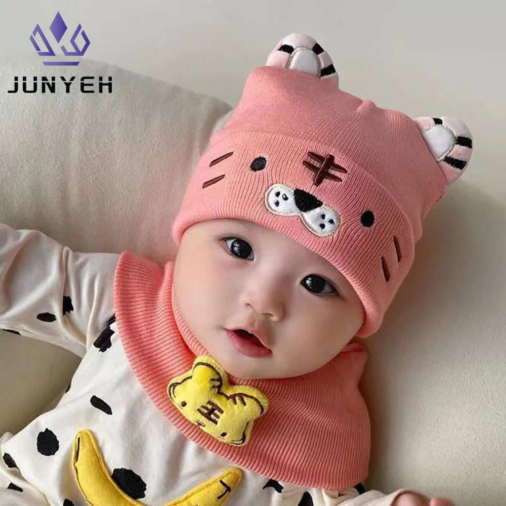 Baby Hat Scarf Two-piece Set Autumn Winter Baby Cute Tiger Woolen Beanies Hats Warm Newborn Boys Girls Caps For Kids 0-12 Month