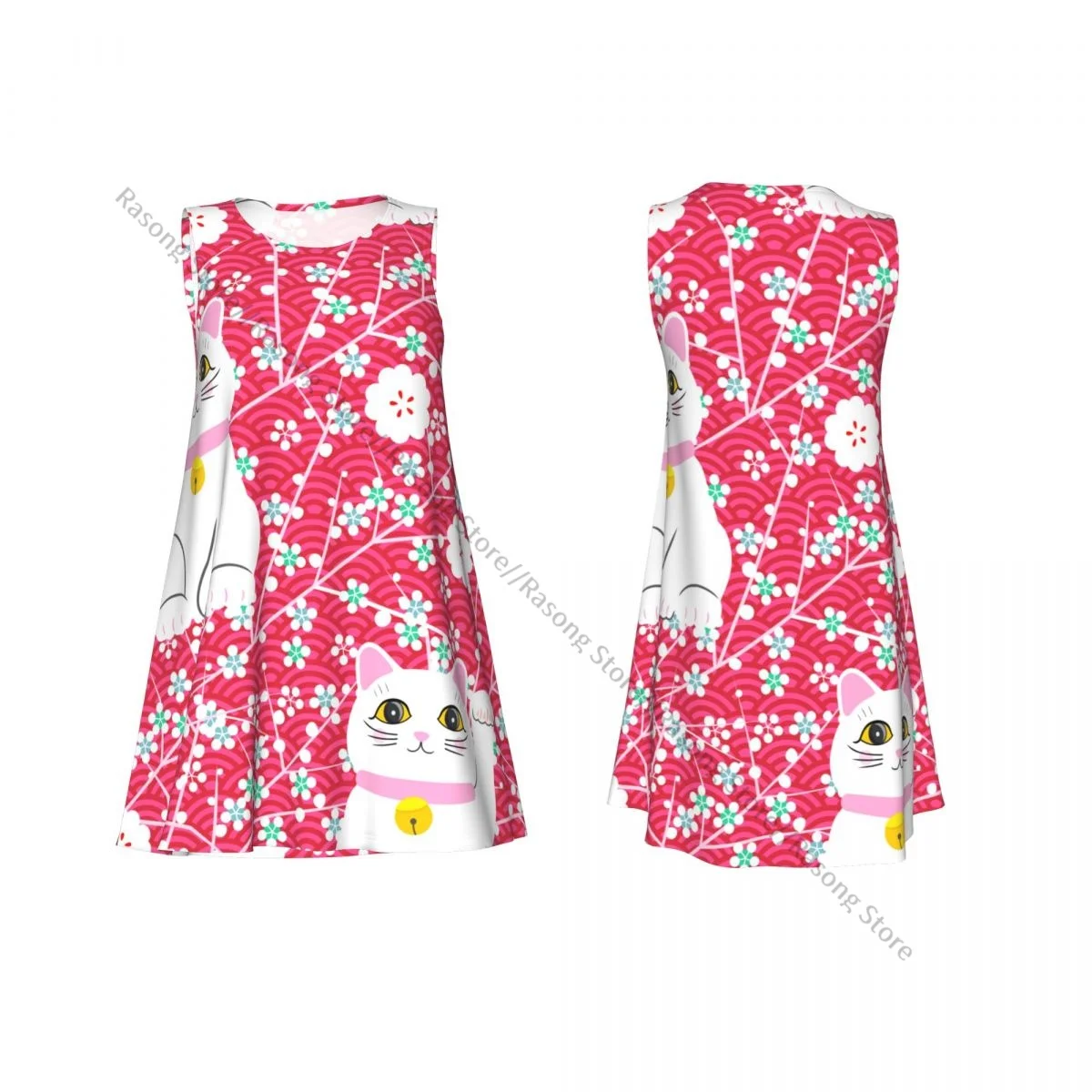 Women's Dress Summer Casual T Shirt Dresses Beach Cover up Japanese Lucky Cats Tank Dress