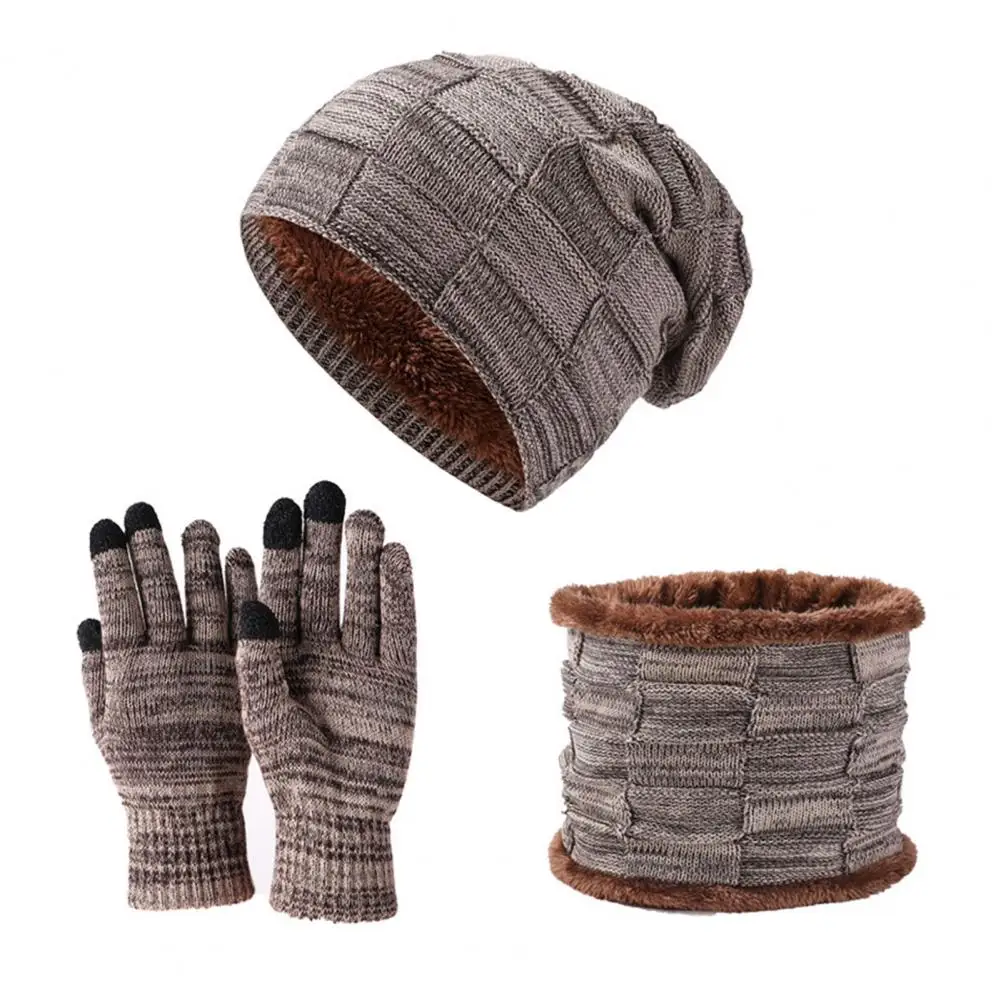 3Pcs/Set Winter Hat Gloves Neck Warmer  Stretchy   Knit Hat Gloves Neck Warmer Winter Men Ladies Knit Cap Gloves Scarf Kit