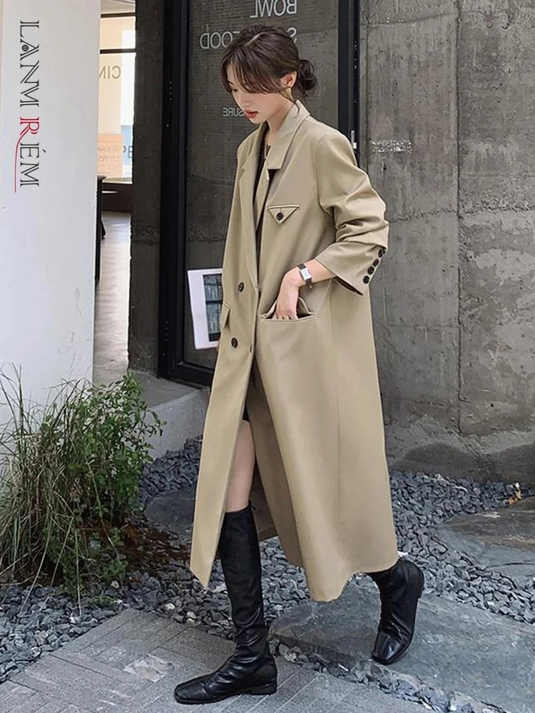 LANMREM Long Trench Coat For Women 2024 Spring New Solid Color Notched Double Breasted Fashion Windbreaker Streetwear 2R6701