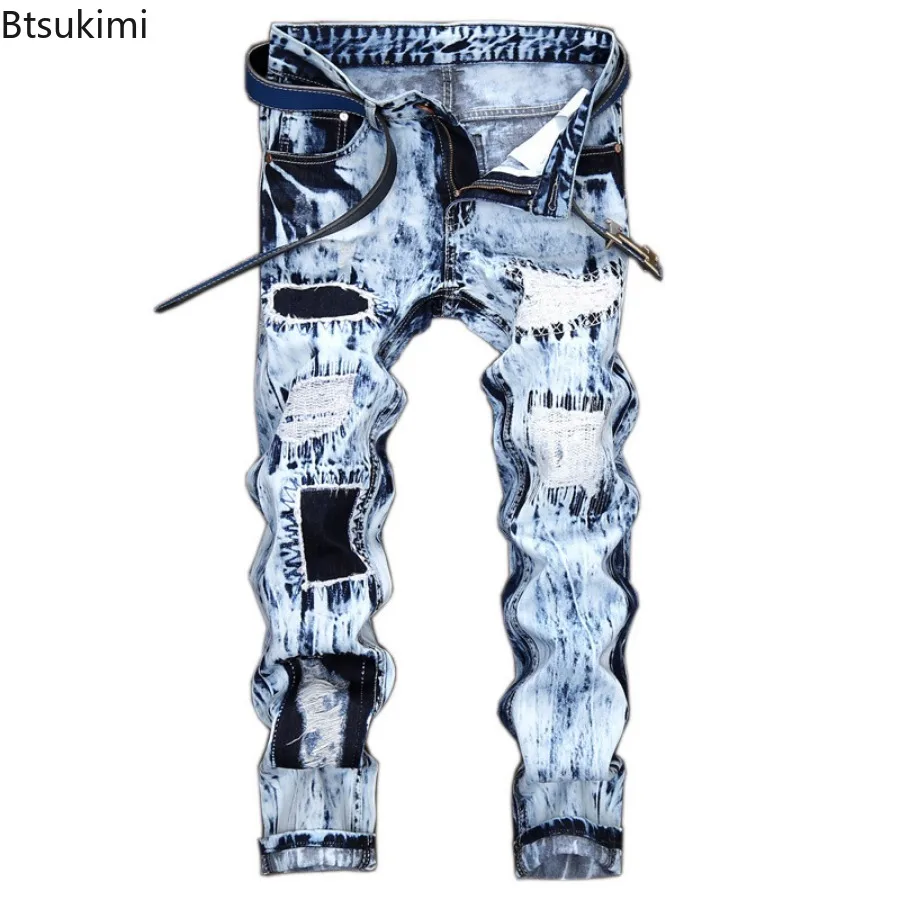 Fashion High Street Men's Jeans Trend Embroidery Patchwork Ripped Hole Denim Pants Men Vintage Straight Casual Pants Large Size