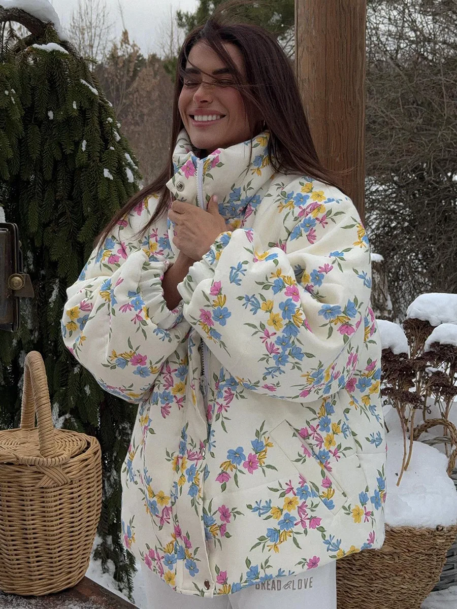 Neue frauen Puffer Baumwolle Jacke Fashion Floral Druck Tick Warme Oberbekleidung Zipper Stehkragen Lose Parkas Herbst Winter Mantel