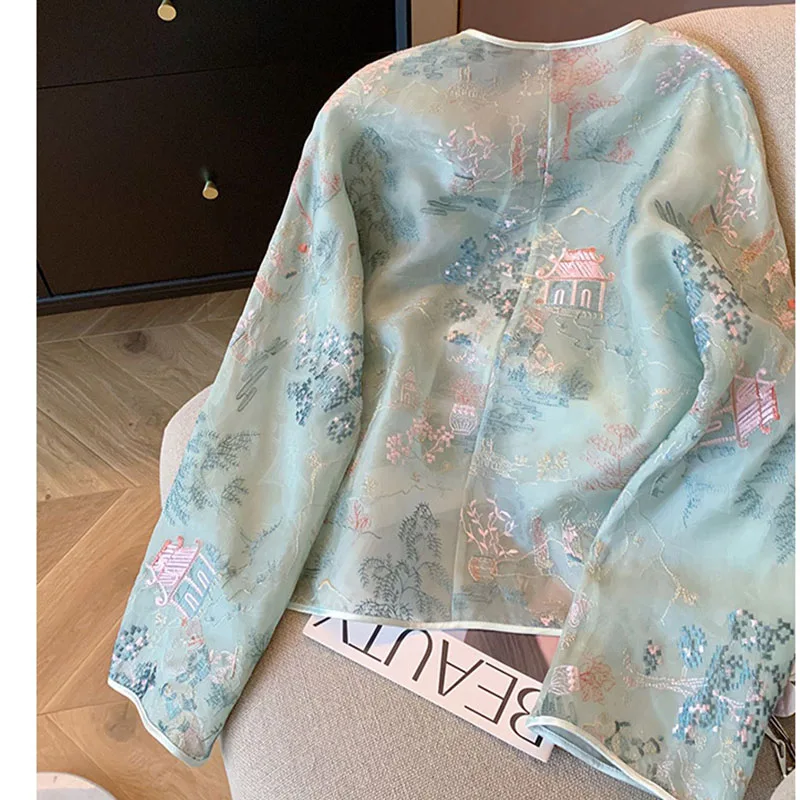 Chinese Embroidery Coat Women Summer New Qipao Tops Y2K Chic Loose Elegant Long Sleeves Sunscreen Cardigan Thin Tang Outerwear