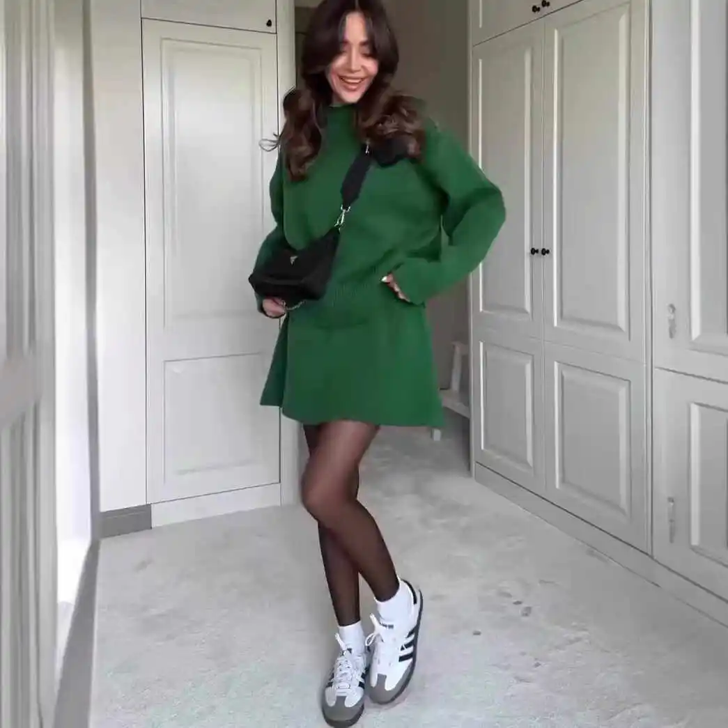 Outono cor pura casual versátil faculdade sle camisola de malha ort saia conjunto feminino faion conjunto chique workwear