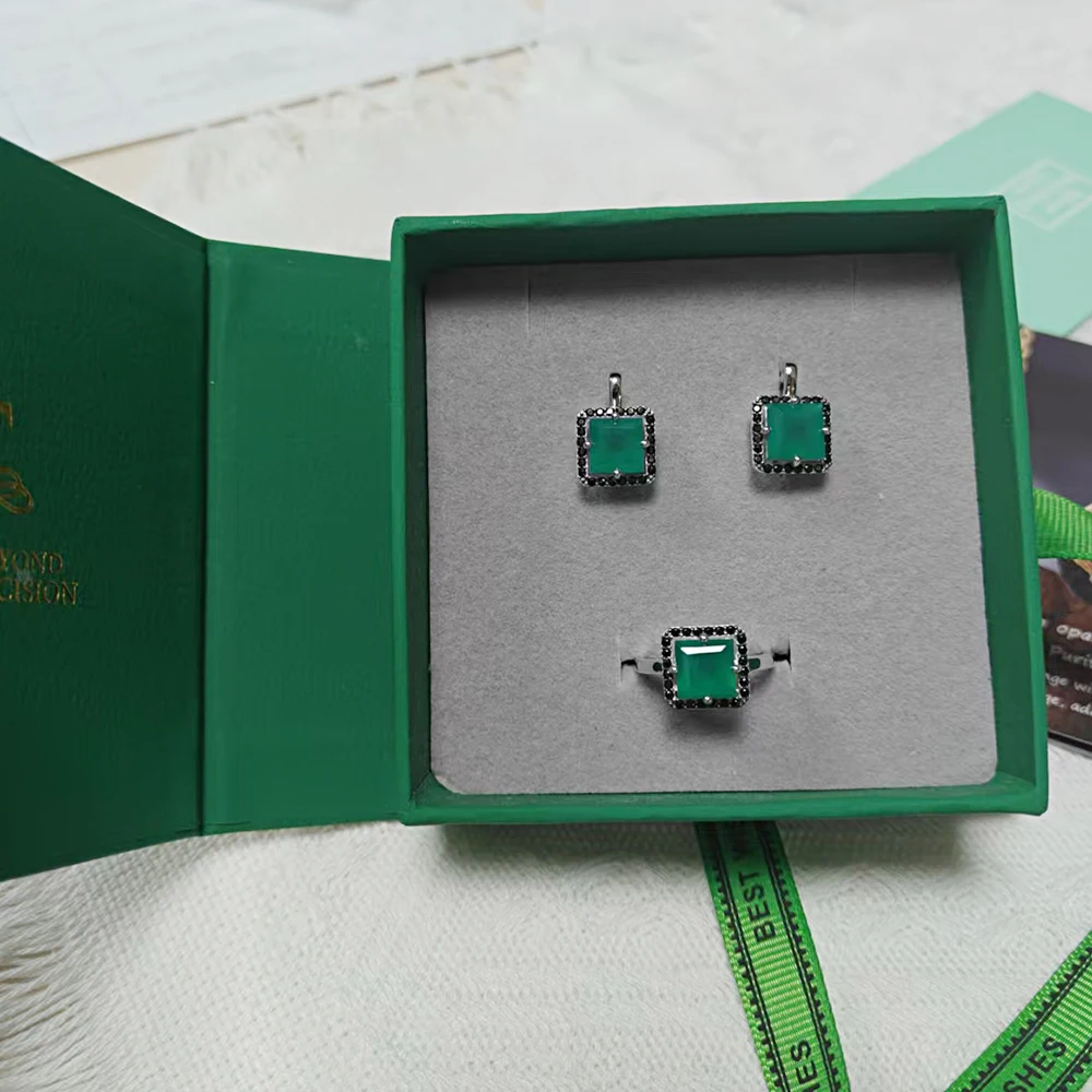 Women's 925 Sterling Silver Jewelry Set with Natural Green Agate Square 8.0mm Ring And Earrings for Banquet Gifts view 6