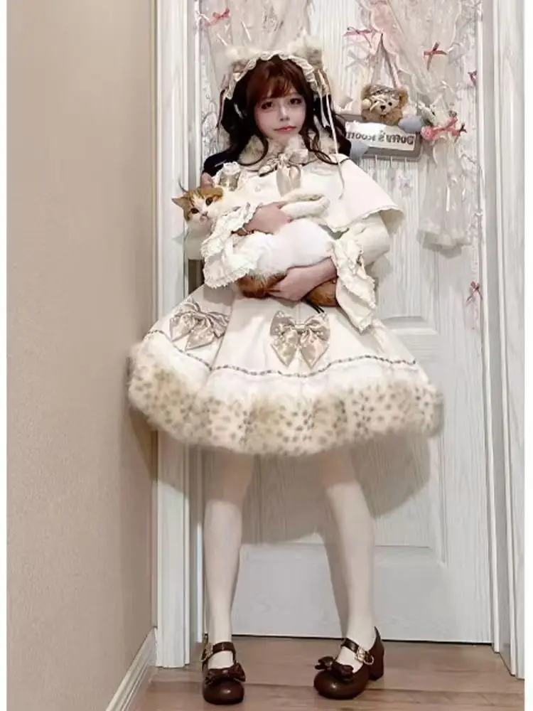 2026 NEW Christmas and New Year Date Robe Sweet Girl Lolita Versatile Top Short Plush Cloak Thick Puff Skirt 3-Piece Set hotsale