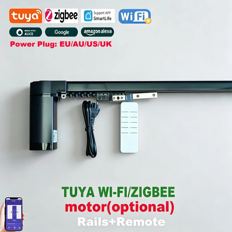 Customize Electric Curtain Black Track Rod Cornice Rails,Tuya WiFi/Zigbee Curtain Motor Support Yandex Alice Google Home Alexa